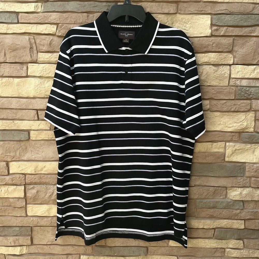 Black Brown 1826 Mens Size Large Short Sleeve Black & White Striped Golf Polo